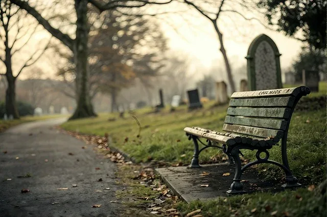 Bank am Friedhofsweg Leere Bank an einem ruhigen Friedhofsweg im Morgenlicht