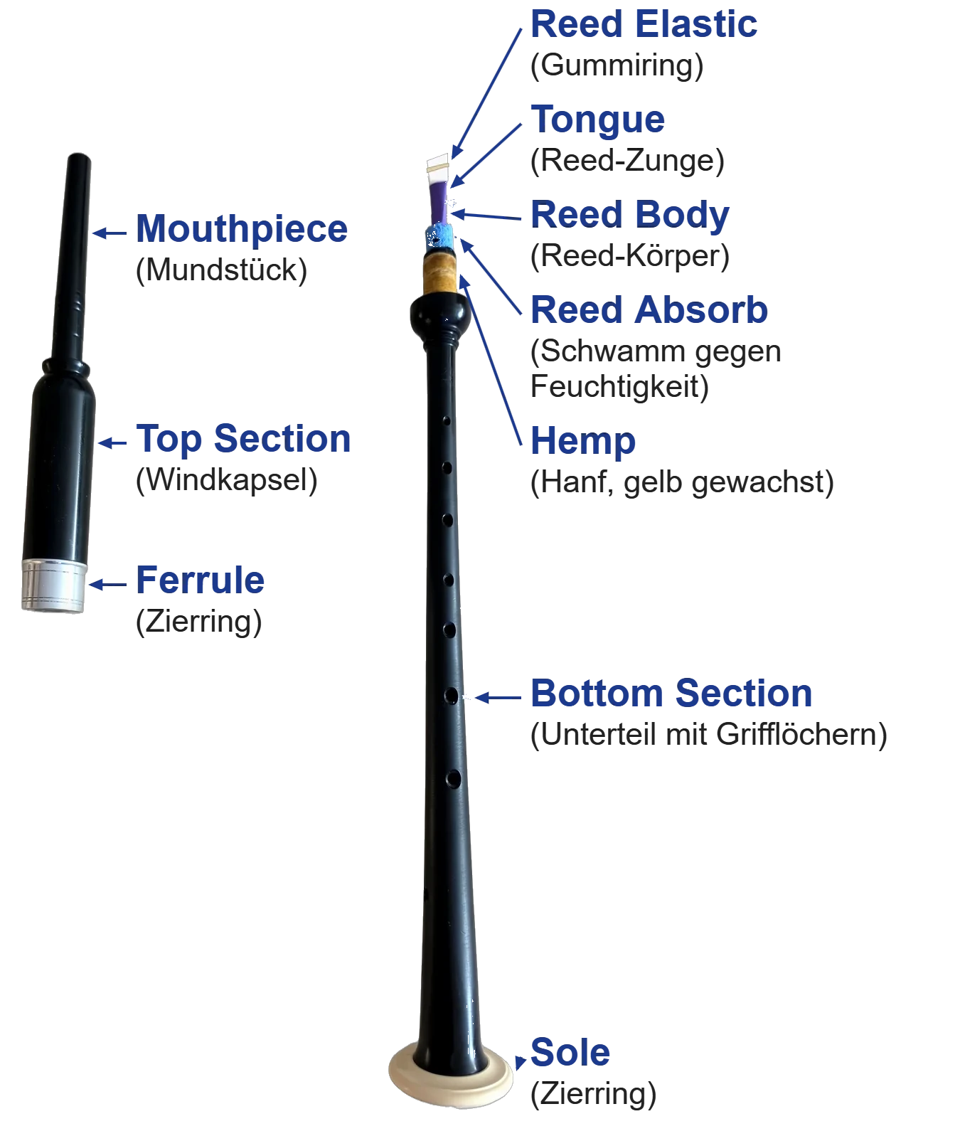 Practice Chanter mit beschrifteten Teilen: Reed Elastic, Tongue, Reed Body, Reed Absorb, Hemp, Top Section, Mouthpiece, Bottom Section, Sole und Ferrule